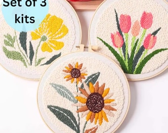 Beginner Punch Needle Kit, DIY Embroidery Craft, Floral Design