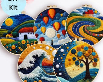 Needle felting embroidery kit scenery Wool Felting needlepoint kit DIY craft kit modern landscape pattern felting painting wool roving