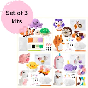 3 packs of Animal Crochet kit beginner, cute Animal Amigurumi crochet kit, crochet project, starter crochet pattern, DIY craft kit, gift for