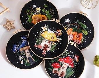 Mushroom House Embroidery Art, Whimsical Home Decor, Hand Stitched Wall Hanging