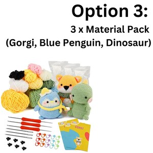May include: A crochet kit with three different animal patterns: a blue penguin, a green dinosaur, and a yellow and orange corgi. The kit includes yarn, stuffing, crochet hooks, safety eyes, and stitch markers. The kit also includes instructions for each animal.