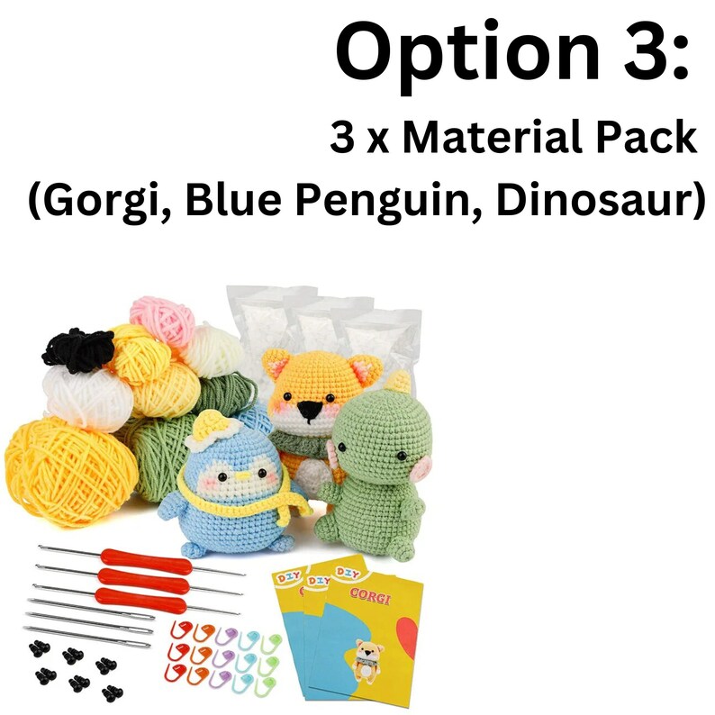 May include: A crochet kit with three different animal patterns: a blue penguin, a green dinosaur, and a yellow and orange corgi. The kit includes yarn, stuffing, crochet hooks, safety eyes, and stitch markers. The kit also includes instructions for each animal.