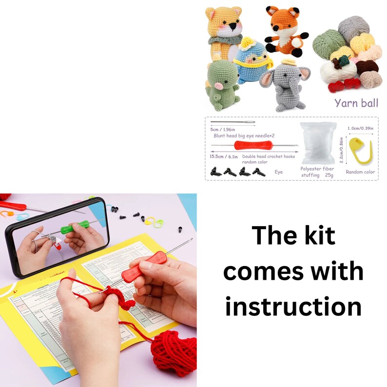May include: A crochet kit with instructions, yarn balls, crochet hooks, stuffing, and safety eyes. The kit includes a mirror and a needle for crocheting.