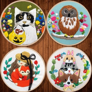 Cat Embroidery Kit For Beginner | Animal Modern Embroidery Kit with Pattern | Flowers Embroidery Full Kit with Hoop| DIY Craft Kit gift for