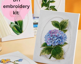 3D Flower embroidery kit, beginner embroidery kit, starter kit, modern embroidery kit, Tulip, rose, Hydrangea, Pansy, DIY craft kit gift for