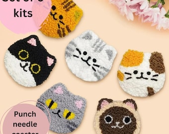Cat Punch Needle Coaster Kit 6pcs, Beginner Punch mug rug Kit Tufting Coaster Kit starter punch embroidery kit DIY craft kit gift for her