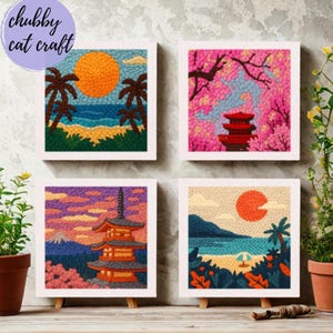 May include: Four framed art pieces with textured designs. The art features beach scenes with palm trees and sunsets, and Japanese pagoda scenes with cherry blossoms. The text "chubby cat craft" is in a purple circle.