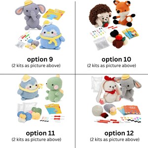 May include: Four different crochet kits, each featuring two amigurumi animal toys. The kits include yarn, stuffing, needles, and instructions. The animals are a penguin and elephant, a hedgehog and fox, a penguin and dinosaur, and a bunny and elephant.