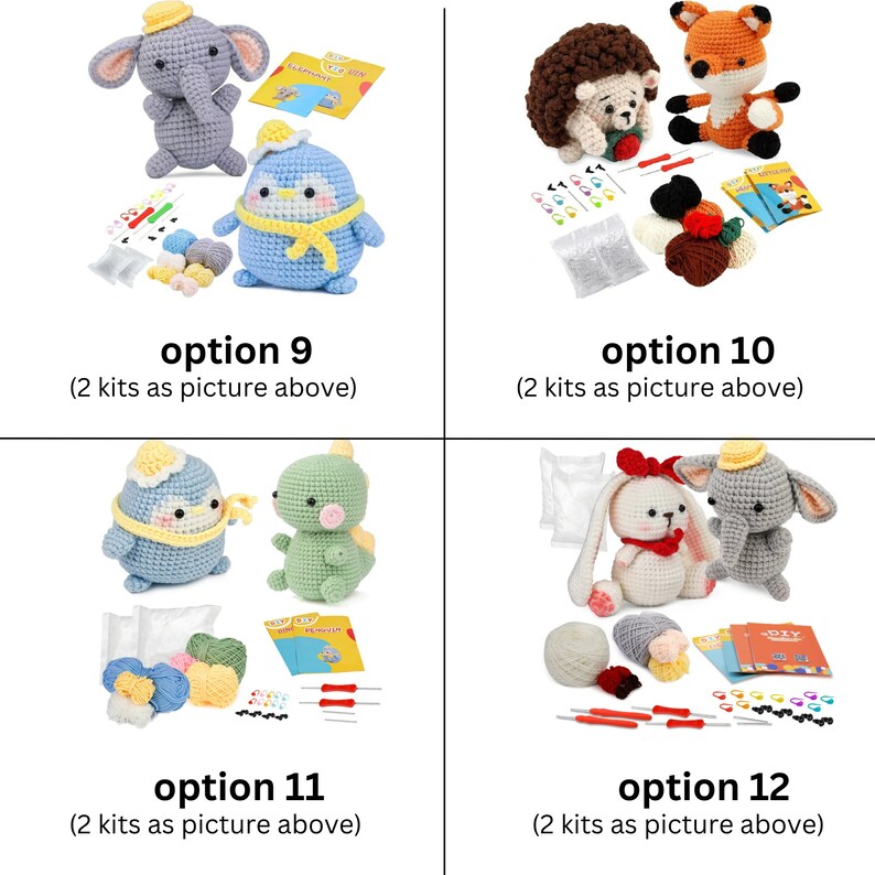 May include: Four different crochet kits, each featuring two amigurumi animal toys. The kits include yarn, stuffing, needles, and instructions. The animals are a penguin and elephant, a hedgehog and fox, a penguin and dinosaur, and a bunny and elephant.