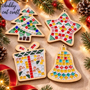 May include: Four wooden Christmas ornaments in the shapes of a tree, a star, a gift box, and a bell. Each ornament features a mosaic inlay of small, colorful, reflective glass tiles in red, green, yellow, and blue, accented with white beads.