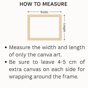 May include: Diagram showing how to measure the width and length of a canvas print. The text says "HOW TO MEASURE" and includes instructions to measure only the canvas art and to leave 4-5 cm of extra canvas on each side for wrapping around the frame.