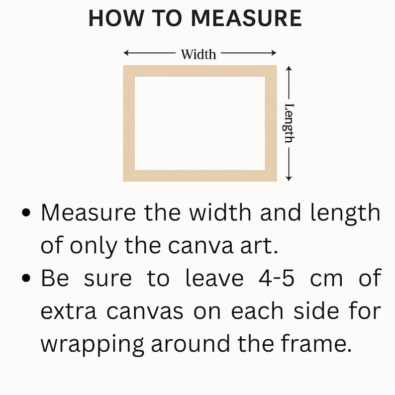 May include: Diagram showing how to measure the width and length of a canvas print. The text says "HOW TO MEASURE" and includes instructions to measure only the canvas art and to leave 4-5 cm of extra canvas on each side for wrapping around the frame.