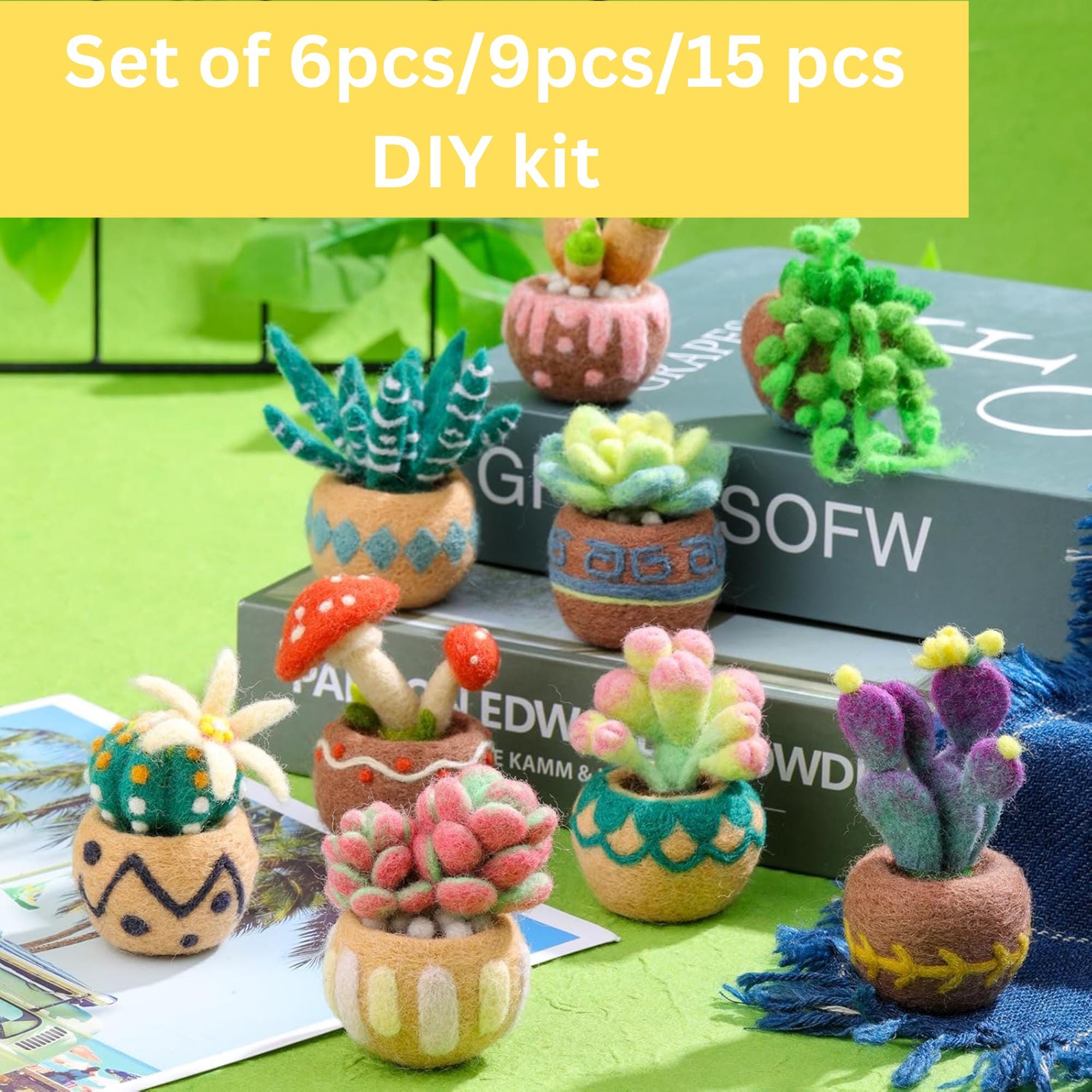 6/9/15 pcs plant Needle felting kit, succulent Wool Felting kit, needlepoint kit DIY craft kit beginner felting kit wool roving gift for her