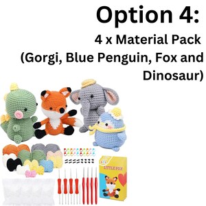 May include: A set of four crochet amigurumi kits featuring a green dinosaur, orange fox, gray elephant, and blue penguin. Each kit includes yarn, stuffing, safety eyes, a crochet hook, and instructions. The kits are labeled "DIY LITTLE FOX".