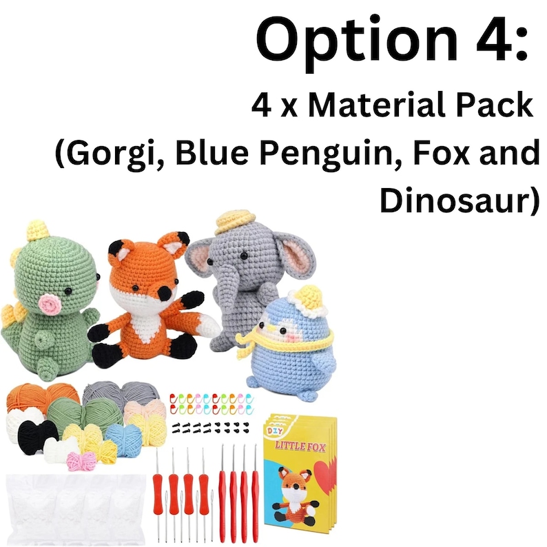 May include: A set of four crochet amigurumi kits featuring a green dinosaur, orange fox, gray elephant, and blue penguin. Each kit includes yarn, stuffing, safety eyes, a crochet hook, and instructions. The kits are labeled "DIY LITTLE FOX".