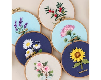Beginner Floral Embroidery Kit, DIY Craft, Linen Fabric