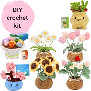 Flower Crochet kit, Tulip crochet kit, Sunflower crochet kit, daisy crochet project, flower Bouquet crochet pattern, DIY craft kit, gift for