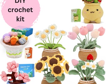 Flower Crochet kit, Tulip crochet kit, Sunflower crochet kit, daisy crochet project, flower Bouquet crochet pattern, DIY craft kit, gift for