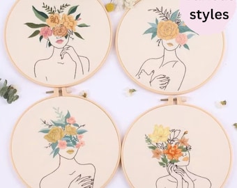 Startpakket borduren | Modern vrouw bloemdessin, doe-het-zelf