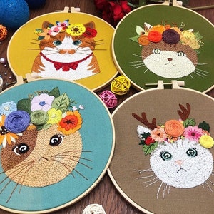 Cat Embroidery Kit For Beginner | Animal Modern Embroidery Kit | Modern Embroidery Full Kit with Hoop| DIY Craft Kit gift for her cat lovers