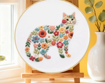 Cat Embroidery Kit, Beginner Modern Embroidery Kit, Cute animal embroidery kit, aesthetic broidery, starter diy craft kit, cat lover gift