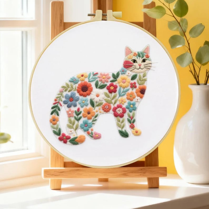 Puede incluir: Un bordado de arte con un gato floral. El gato est&aacute; lleno de flores coloridas en tonos rojos, naranjas, azules y blancos. El bordado est&aacute; en un aro dorado y se exhibe en un caballete de madera.