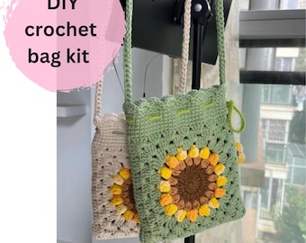 Crochet bag kit, crochet tote bag kit, crochet sunflower bag for beginner, crochet project, crochet bag pattern, DIY craft kit, gift for her