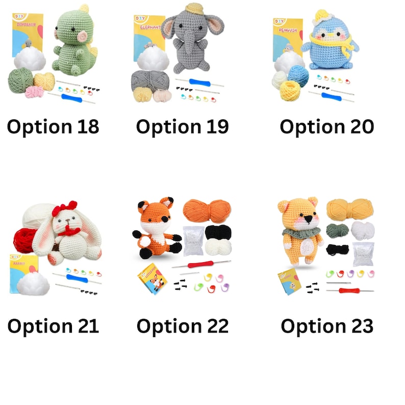 May include: Six different crochet kits for making amigurumi toys. Each kit includes yarn, stuffing, safety eyes, a crochet hook, and instructions. The toys include a dinosaur, elephant, penguin, fox, bunny, and bear.