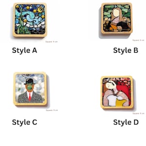 May include: Four square coasters with wooden frames, each measuring 9 cm. Style A features a swirling night sky mosaic. Style B shows a portrait mosaic. Style C depicts a figure in a suit and bowler hat. Style D displays a reclining figure mosaic.