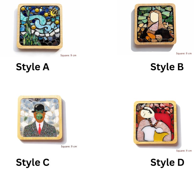 May include: Four square coasters with wooden frames, each measuring 9 cm. Style A features a swirling night sky mosaic. Style B shows a portrait mosaic. Style C depicts a figure in a suit and bowler hat. Style D displays a reclining figure mosaic.