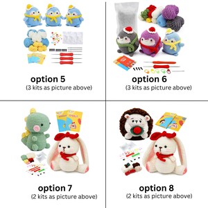 May include: Four different crochet kits featuring various animal designs. The kits include yarn, needles, and instructions. The animals include a penguin, a dinosaur, a hedgehog, and a bunny.