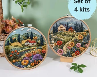 Landscape Embroidery Kit, Retro Field Scenery, DIY Craft