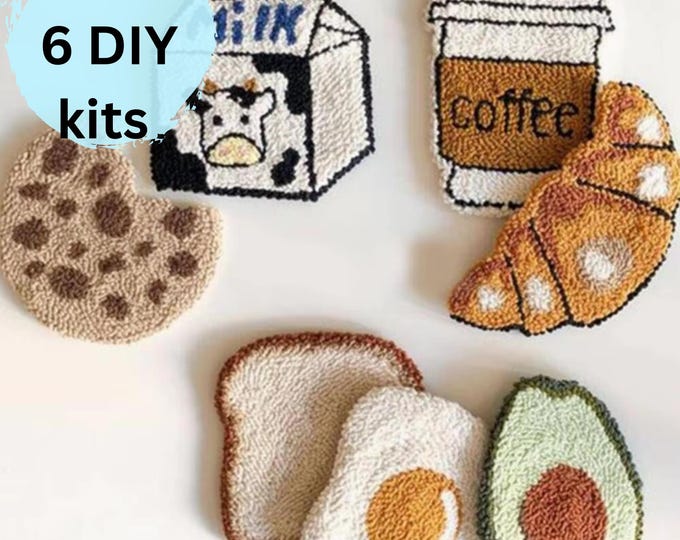 Punch Needle Coaster Kit 6pcs, Beginner Punch mug rug Kit, Tufting Coaster Kit starter punch embroidery kit DIY craft kit, gift for her