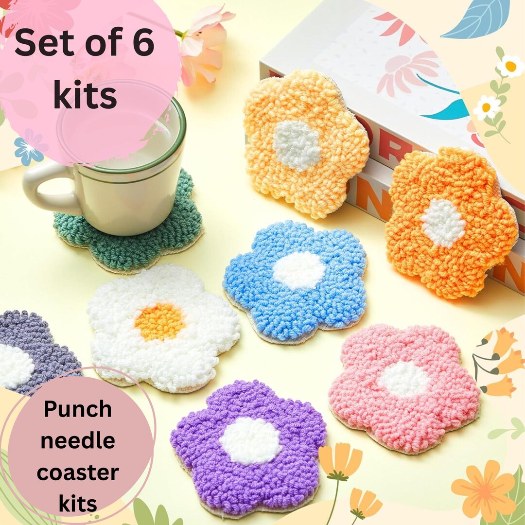 Flower Punch Needle Coaster Kit 6pcs, Beginner Punch Mug Rug Kit ...