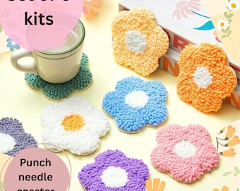 flower Punch Needle Coaster Kit 6pcs, Beginner Punch mug rug Kit Tufting Coaster Kit starter punch embroidery kit DIY craft kit gift for her
