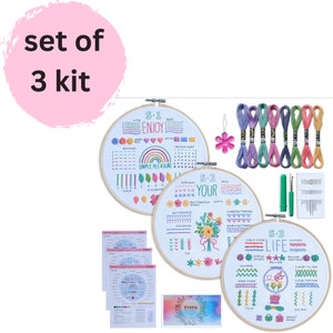 3 sets of Embroidery Kit for Beginners, Embroidery Stitches Practice Kit, Beginner Embroidery Kit, starter kit, DIY craft kit gift for her