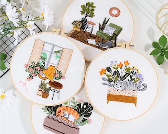 Cat Embroidery Kit Beginner, Modern DIY Craft