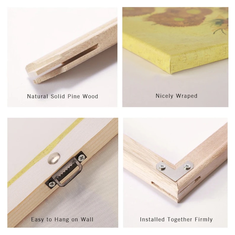 May include: Close-up of a wooden frame for a canvas print. The frame is made of natural solid pine wood and is nicely wrapped. The frame has a metal hook for easy hanging on the wall. The frame is installed together firmly with metal brackets.