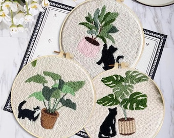 Beginner Punch Needle Kit, Cat & Plant Embroidery, DIY Craft (8-inch)