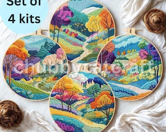 Landscape Embroidery Kit For Beginner, Retro Field Scenery, DIY Craft