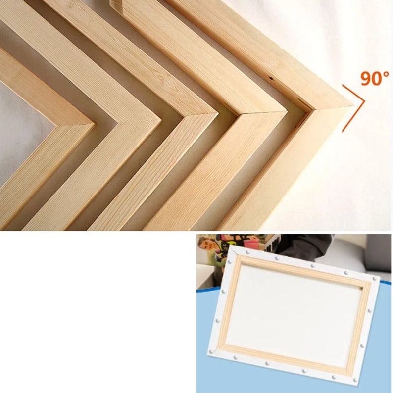 May include: Close-up of wooden stretcher bars for a canvas, showing the 90-degree corners. The bars are made of natural wood and are stacked on top of each other. The image also shows a white canvas stretched over the bars.