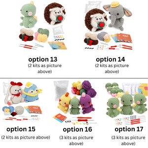 May include: Crochet amigurumi kits featuring various animal designs, including a dinosaur, hedgehog, elephant, bunny, penguin, chick, and dragon. Each kit includes yarn, stuffing, safety eyes, crochet hook, and instructions.