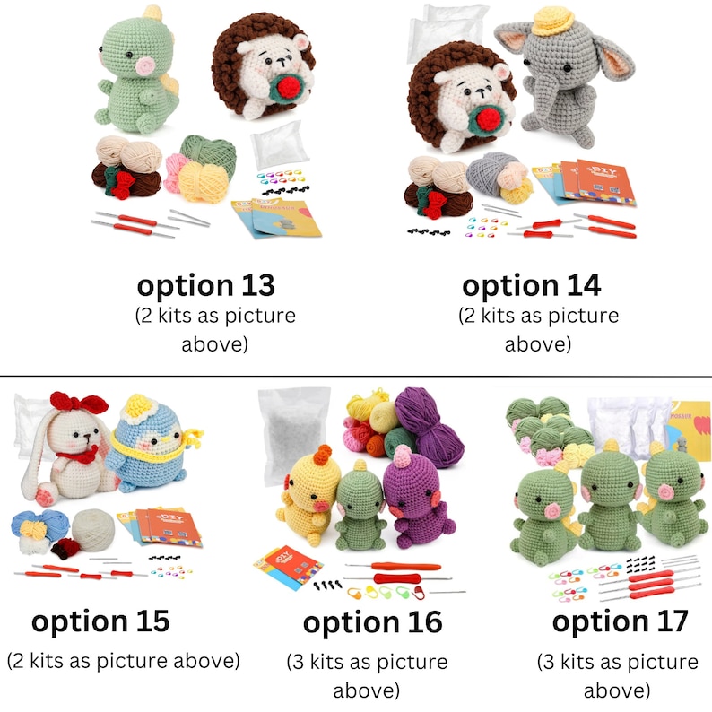 May include: Crochet amigurumi kits featuring various animal designs, including a dinosaur, hedgehog, elephant, bunny, penguin, chick, and dragon. Each kit includes yarn, stuffing, safety eyes, crochet hook, and instructions.