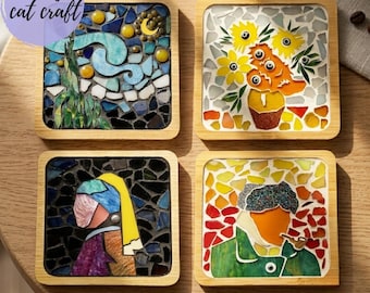 May include: A set of four square coasters with bamboo frames, each featuring a mosaic art design inspired by famous paintings, including a starry night scene, a sunflower bouquet, a portrait with a yellow headpiece, and a figure with a pipe.