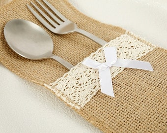 10 Portaposate In Iuta Con Pizzo, Sacchetti Vintage Per Posate, Decorazione Tavola Per Matrimoni, Feste E Compleanni