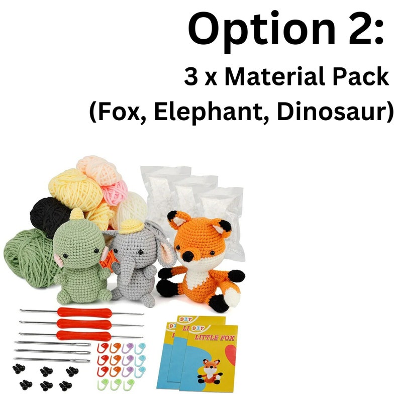 May include: A crochet kit with three different animal designs: a fox, an elephant, and a dinosaur. The kit includes yarn, stuffing, crochet hooks, stitch markers, and safety eyes. The kit also includes instructions for making each animal.