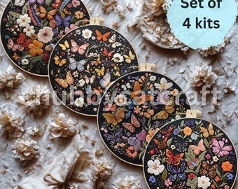 May include: Set of four embroidery kits featuring colorful butterfly and floral designs. Each kit includes a black fabric background with a wooden hoop. The designs include butterflies, flowers, and foliage.