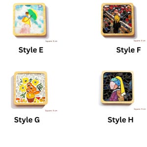 May include: Four square coasters with wooden frames, each measuring 9 cm. Style E features a figure with a green umbrella, Style F depicts a figure in a dark coat, Style G shows yellow sunflowers in a vase, and Style H displays a profile portrait.