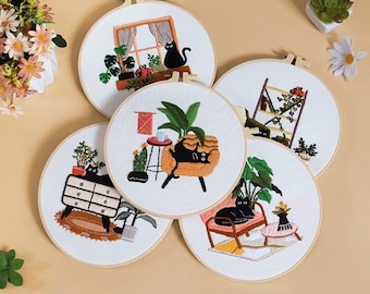Modern Cat Embroidery Kit for Beginners, DIY Hand Art Gift