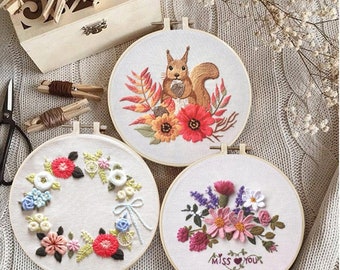 Floral embroidery kits, handmade embroidery full kit, starter kit, European Style, craft kit fabric needlepoint hoop embroidery, gift for